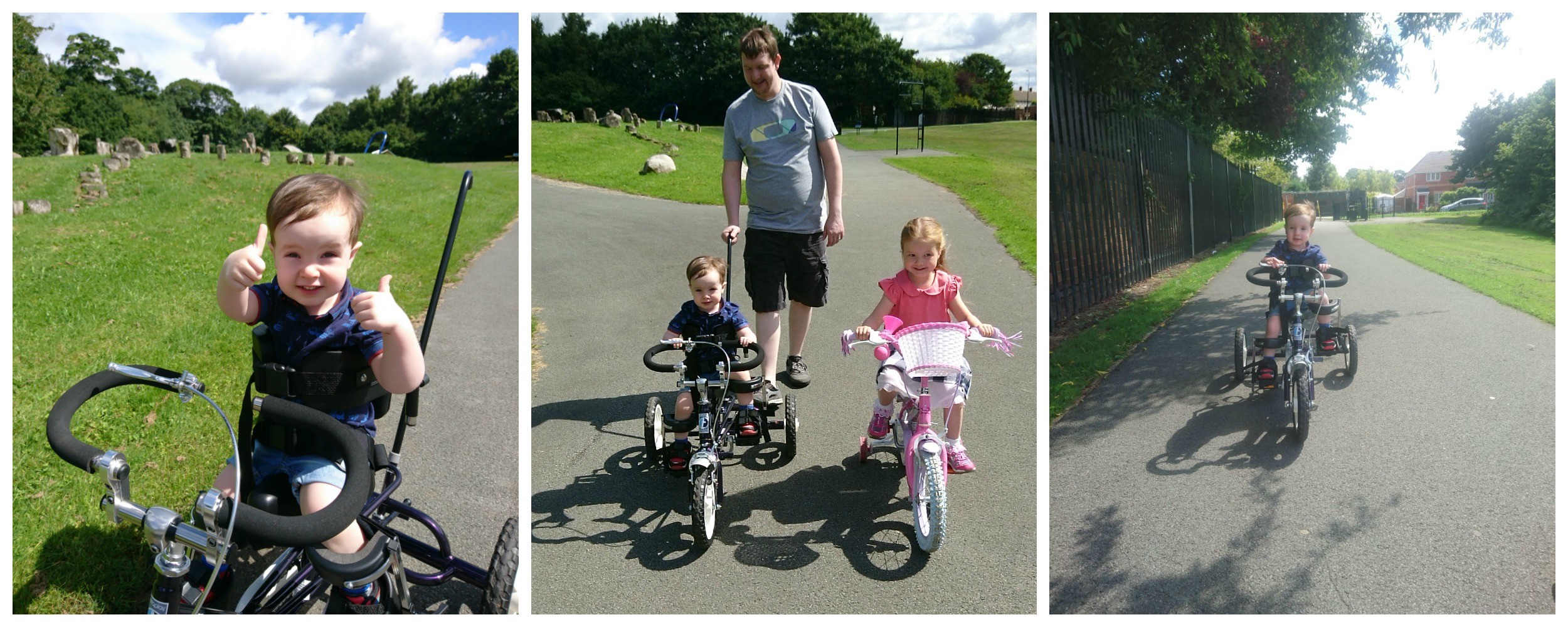 Collage of images of little boy on his trike in the park with his family