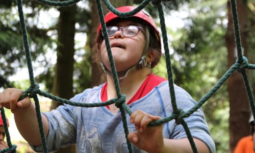 Disabled girl climbing a net