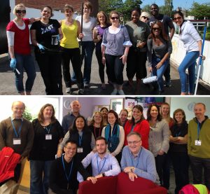two photos of corporate volunteer groups