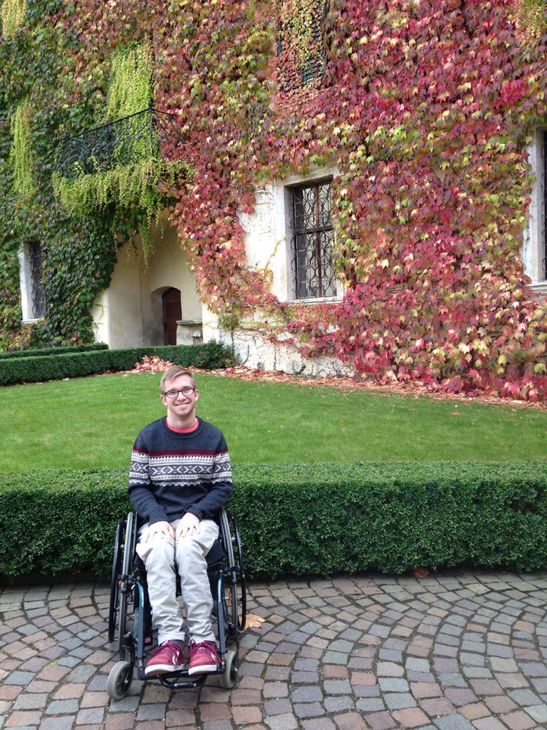 Jamie Green in his old wheelchair on his year abroad in Italy