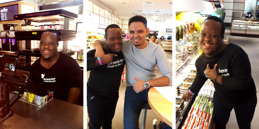 Three photos of a young man at work in an Itsu sushi resturant