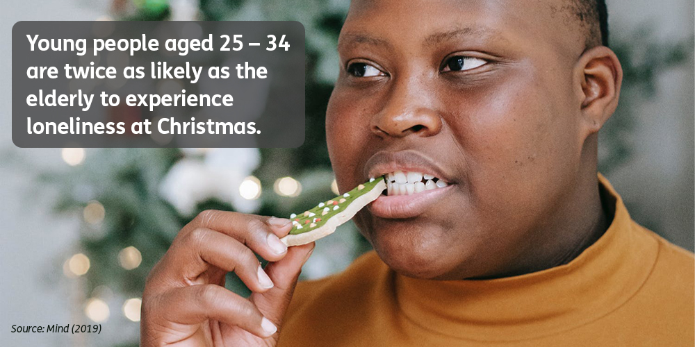 Young black man eating a Christmas cookie. Text reads "Young people aged 25 – 34 are twice as likely as the elderly to experience loneliness at Christmas."