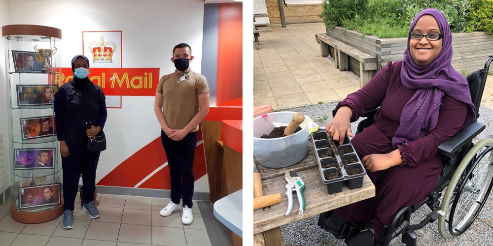 Two photos showing trainees at work; two in masks at a branch of Royal Mail, and a wheelchair user in a garden