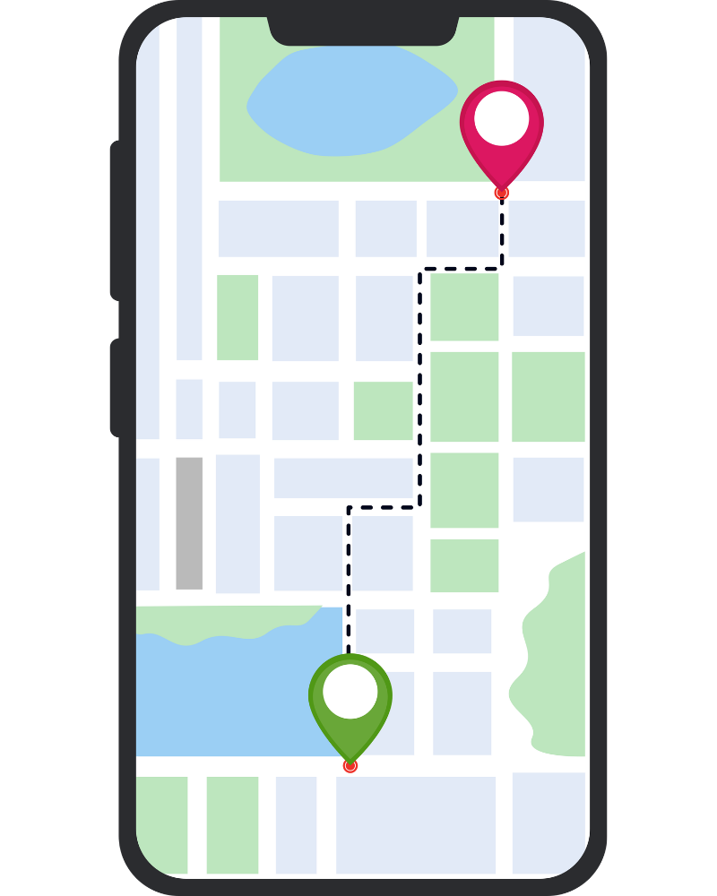 Illustration of a smartphone map showing a route between two location pins.