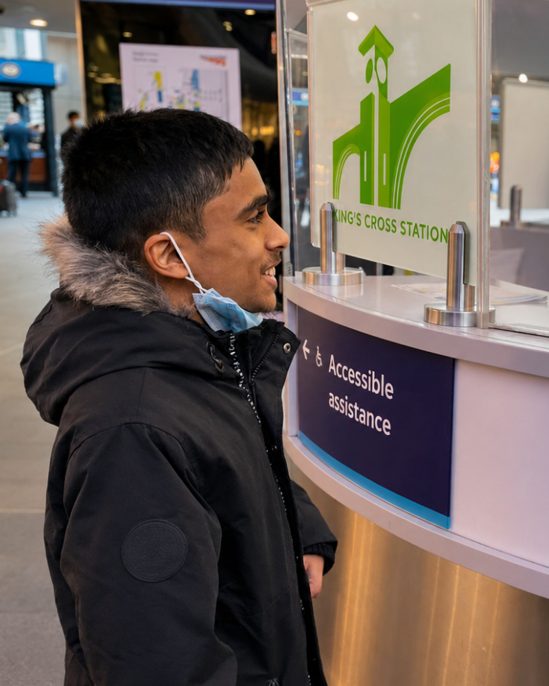 A young man speaks to staff at the accessible assistance desk at King’s Cross Station.