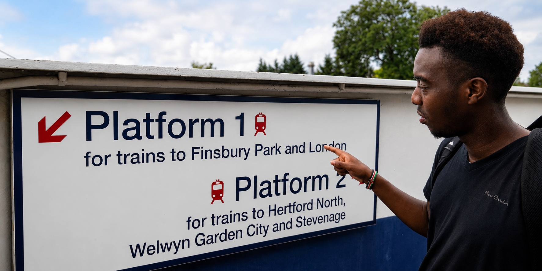 A young man points at a train station sign showing directions to Platform 1 and Platform 2, as part of AFK’s Travel Training support.