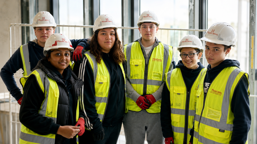 Six young people wearing hard hats and high-visibility vests during a visit to a Mount Anvil construction site.