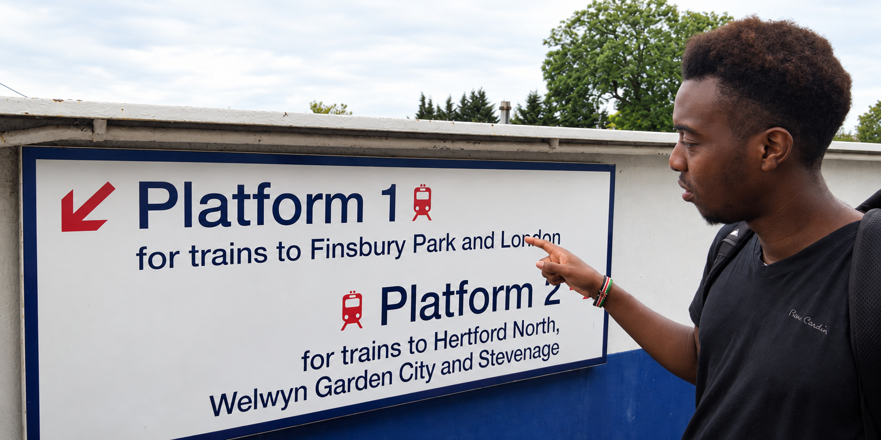 Travel Training Header A young man points to a railway station sign showing Platform 1 for trains to Finsbury Park and London, and Platform 2 for trains to Hertford North, Welwyn Garden City and Stevenage.